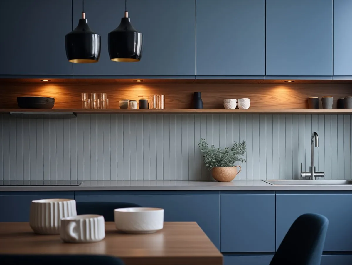 modern moody navy blue custom kitchen cabinets with a matte finish, paired with natural wood open shelving.
